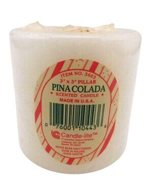 Vintage Pina Colada Scented Pillar Candle 3" X 3" Candle-Lite Made In USA White